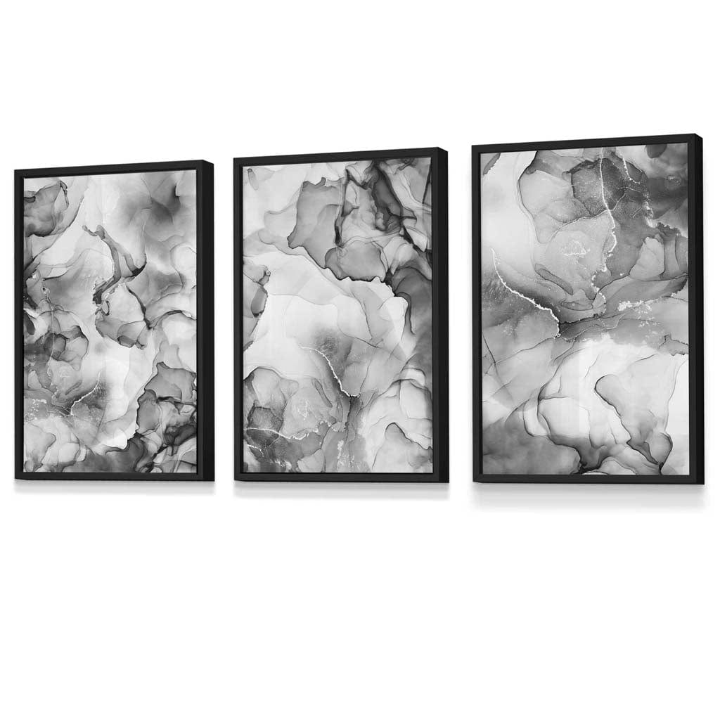 Abstract floral liquid in gray set of 3 wall art prints | Framed | Bowlift