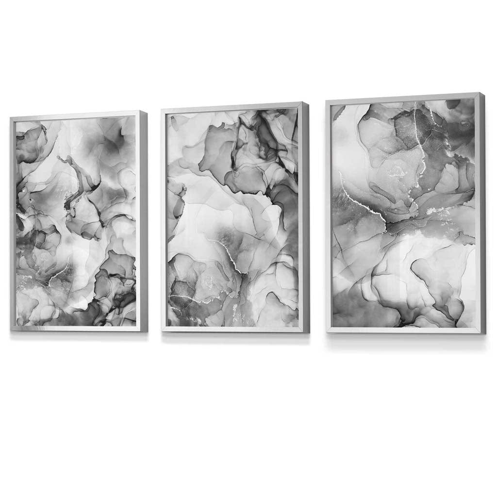 Abstract floral liquid in gray set of 3 wall art prints | Framed | Bowlift