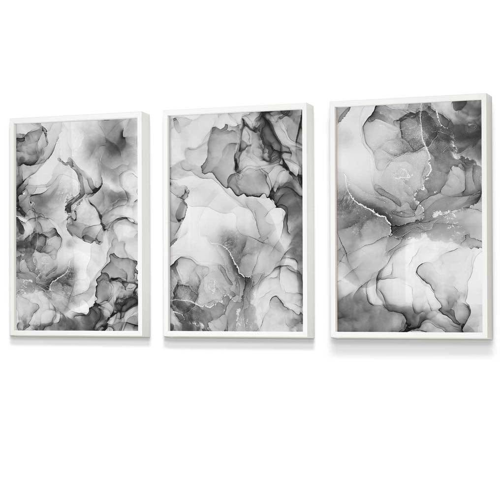 Abstract floral liquid in gray set of 3 wall art prints | Framed | Bowlift