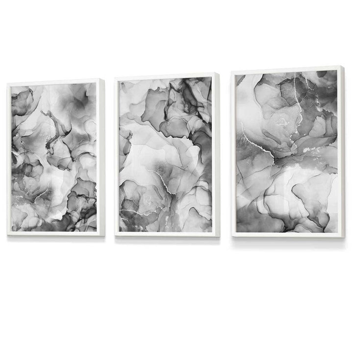 Abstract floral liquid in gray set of 3 wall art prints | Framed | Bowlift