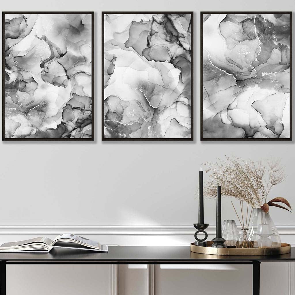 Abstract floral liquid in gray set of 3 wall art prints | Framed | Bowlift