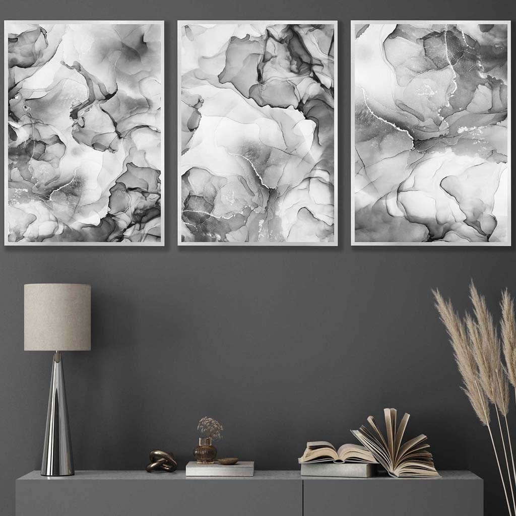 Abstract floral liquid in gray set of 3 wall art prints | Framed | Bowlift
