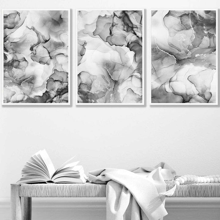 Abstract floral liquid in gray set of 3 wall art prints | Framed | Bowlift