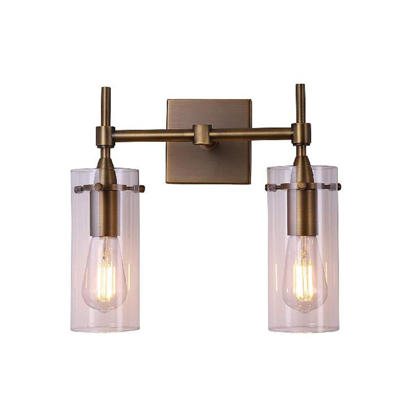 BowLift | Clear Glass Cylinder Wall Lantern Modern 2 Lights Dining Room Lighting Fixture in Patina Brass