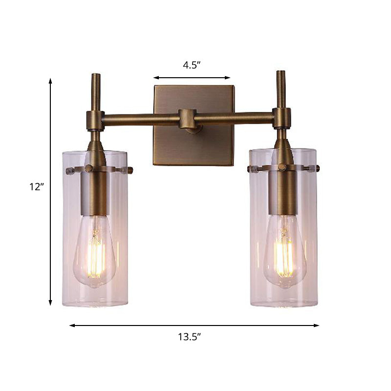BowLift | Clear Glass Cylinder Wall Lantern Modern 2 Lights Dining Room Lighting Fixture in Patina Brass