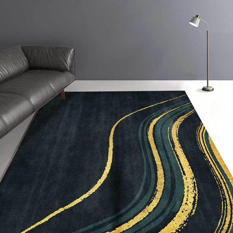 Contemporary swirl pattern rug dark green and gold polyester rug machine washable non-slip rug for the bedroom | Bowlift
