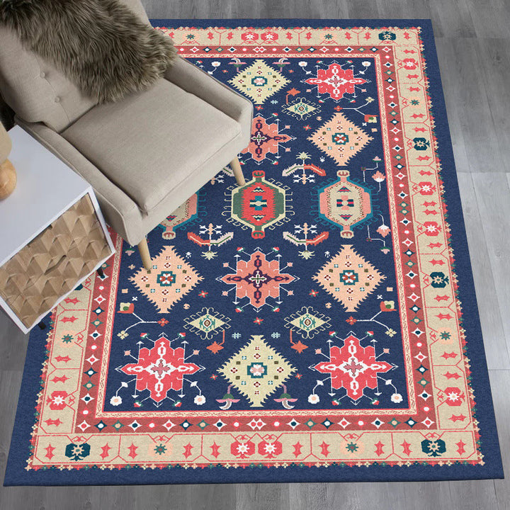 BowLift | Southwest Living Room Rug in Blue Tribal Geometric Print Rug Made of Polyester Washable Area Rug