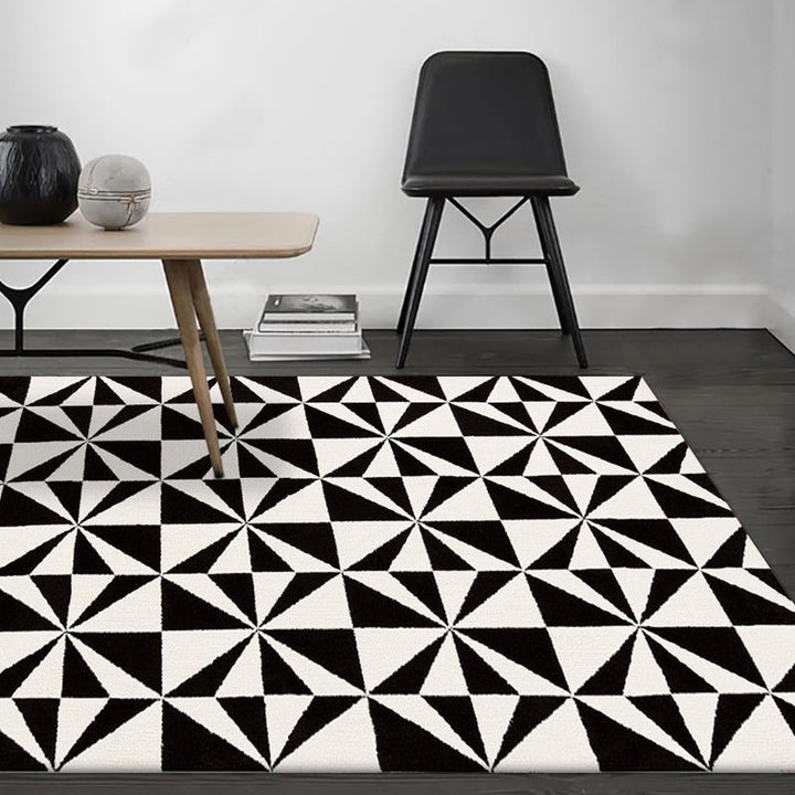 Black and white bedroom rug modern geometric triangle pattern area rug made of polyester, stain-resistant rug | Bowlift