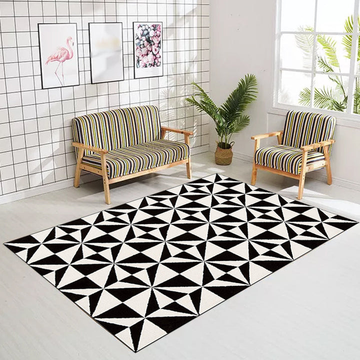 Black and white bedroom rug modern geometric triangle pattern area rug made of polyester, stain-resistant rug | Bowlift