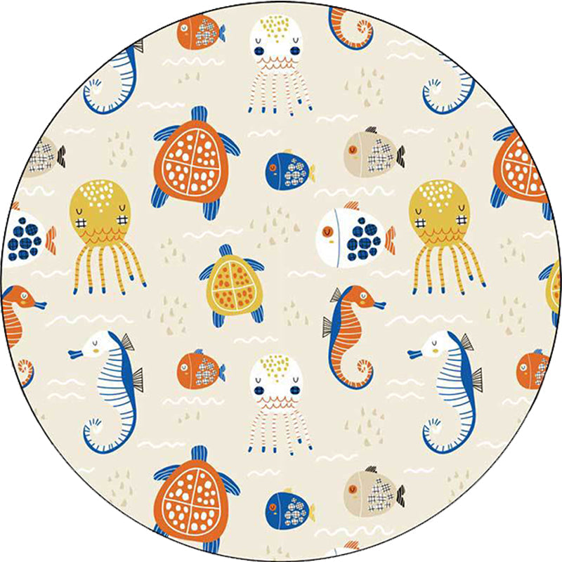 BowLift | Casual Kids Rug in Ivory Animal Turtle Jellyfish Hippocampus Pattern Rug Polyester Washable Rug for the Children's Room