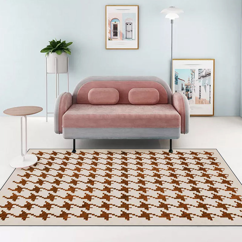 Nordic Modern Rug in Ivory Check Houndstooth Pattern Rug Polyester Non-Slip Pet-Friendly Rug for Home Decoration | Bowlift