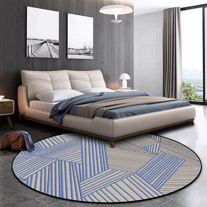 Brown and Blue Bedroom Rug Modern Geometric Stripe Pattern Rug Polyester Stain Resistant Washable Rug | Bowlift