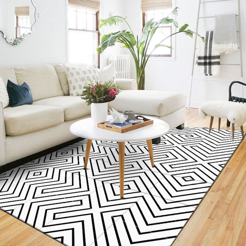 Modern living room rug in white with geometric line pattern Rug polyester stain-resistant washable rug for the area | Bowlift