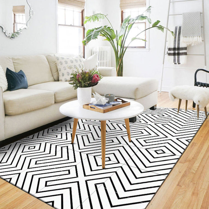Modern living room rug in white with geometric line pattern Rug polyester stain-resistant washable rug for the area | Bowlift