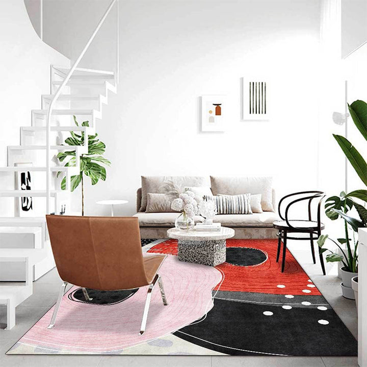 BowLift | Novelty Living Room Carpet in Red and Black Color Block Dots Line Print Carpet Polyester Washable Stain Resistant Area Rug