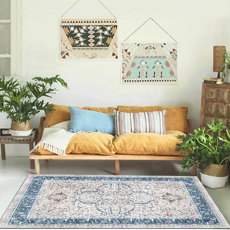 BowLift | Traditional medallion pattern rug blue and gray tribal rug polyester washable non-slip bottom area rug for bedroom