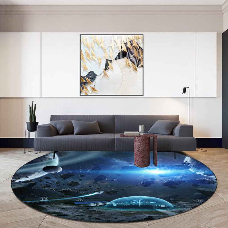 Modern living room rug in black and white with outer space planet meteorite print rug polyester washable non-slip area rug | Bowlift