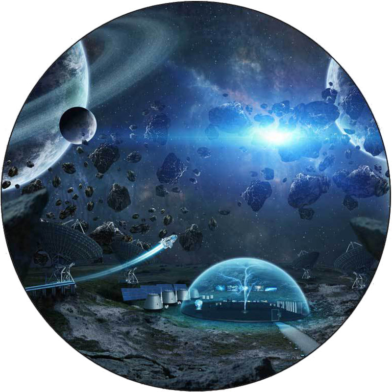 Modern living room rug in black and white with outer space planet meteorite print rug polyester washable non-slip area rug | Bowlift