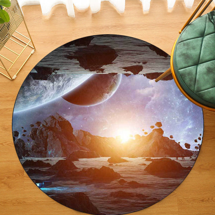 Modern rug for the living room in blue and gray with a print of planets and meteors in space, non-slip polyester area rug | Bowlift