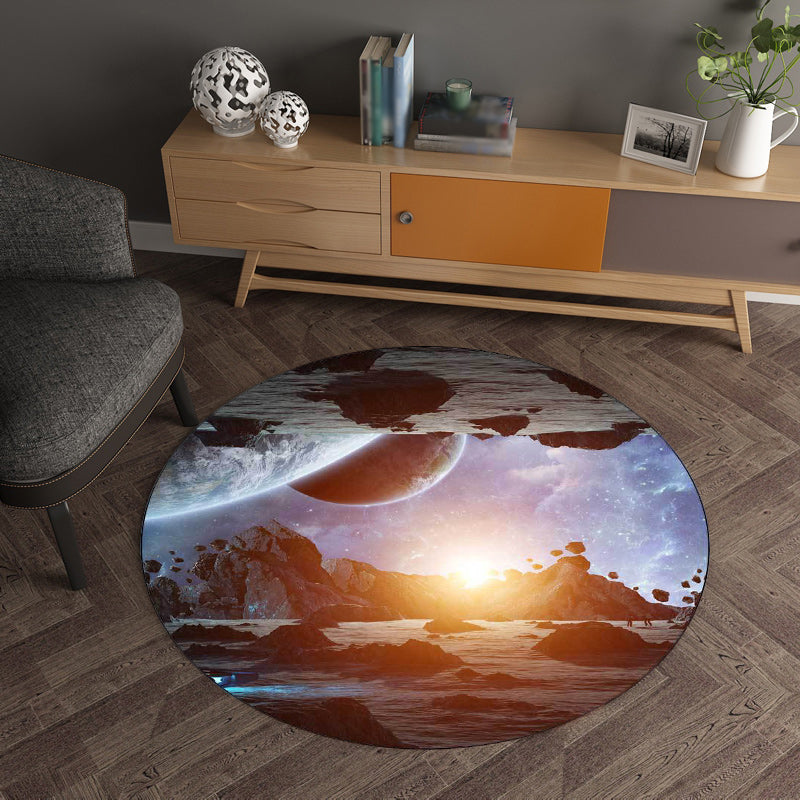 Modern rug for the living room in blue and gray with a print of planets and meteors in space, non-slip polyester area rug | Bowlift