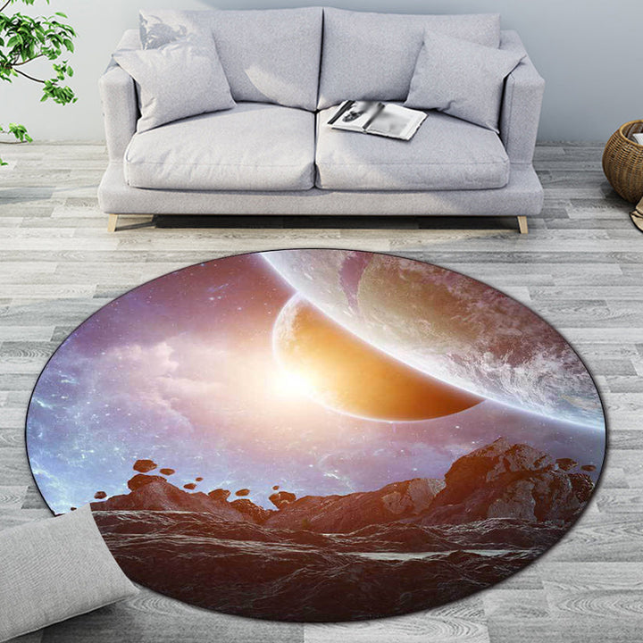 Blue and Gray Bedroom Rug Modern Space Planet Pattern Area Rug Polyester Machine Washable Rug | Bowlift