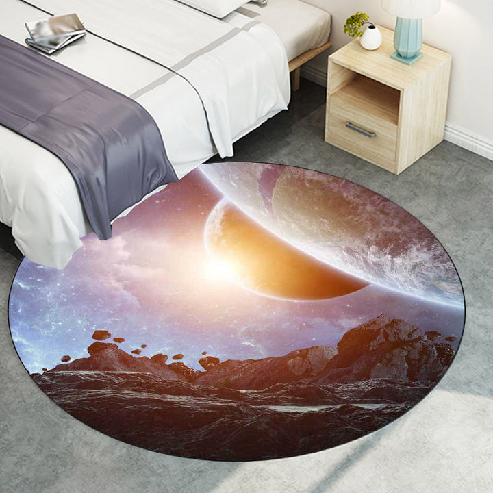 Blue and Gray Bedroom Rug Modern Space Planet Pattern Area Rug Polyester Machine Washable Rug | Bowlift