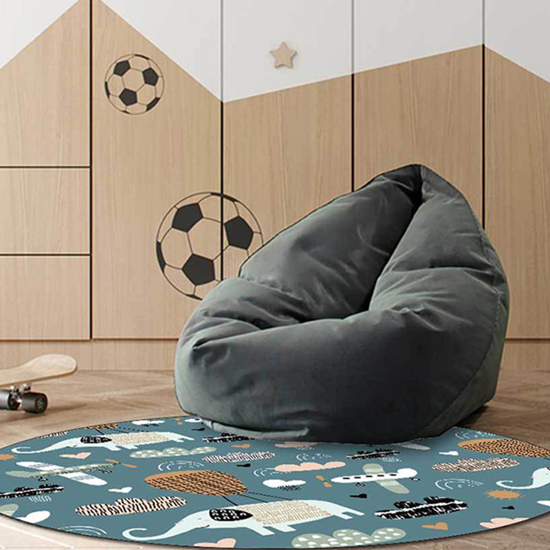 BowLift | Kids Room Rug in Teal Animal Elephant Airplane Heart Print Rug Polyester Stain Resistant Rug
