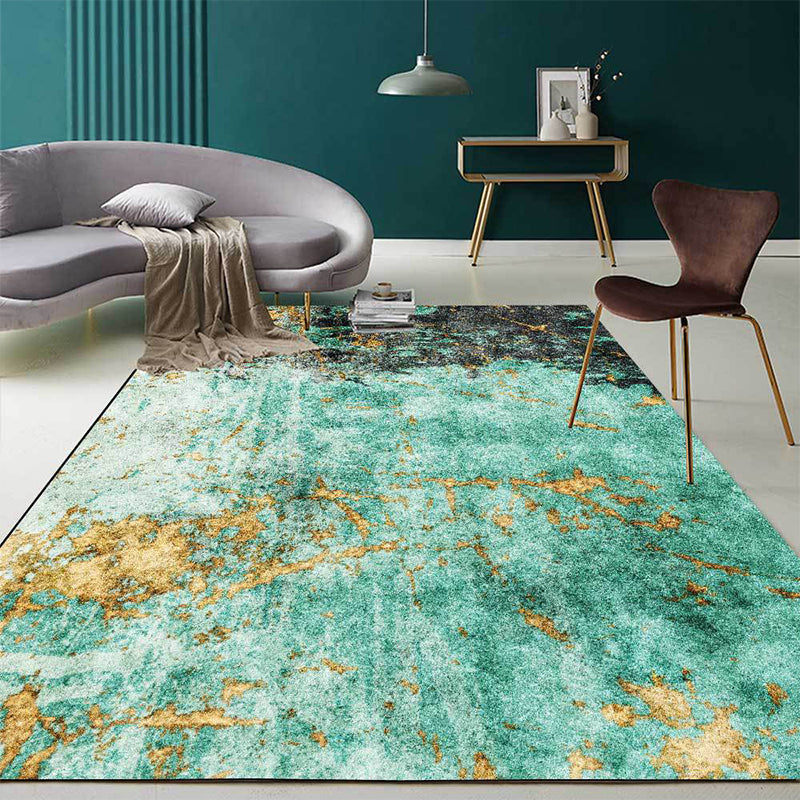 Stylish abstract rug in green and gold, Nordic rug made of polyester, washable, non-slip backing, living room rug. | Bowlift