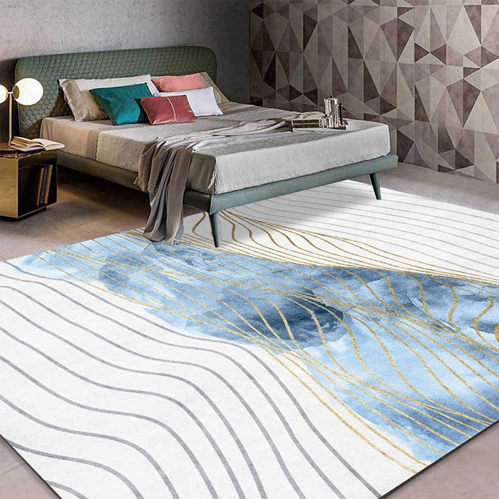 Stylish whirl stripe print carpet White and Blue Nordic carpet Polyester Washable Non-slip backing carpet for the living room | Bowlift