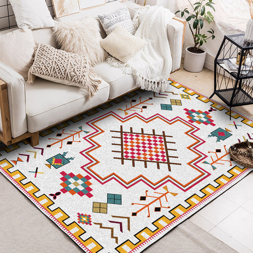 BowLift | Southwest Living Room Rug in Ivory Tribal Diamond Check Print Rug Polyester Non-Slip Back Rug