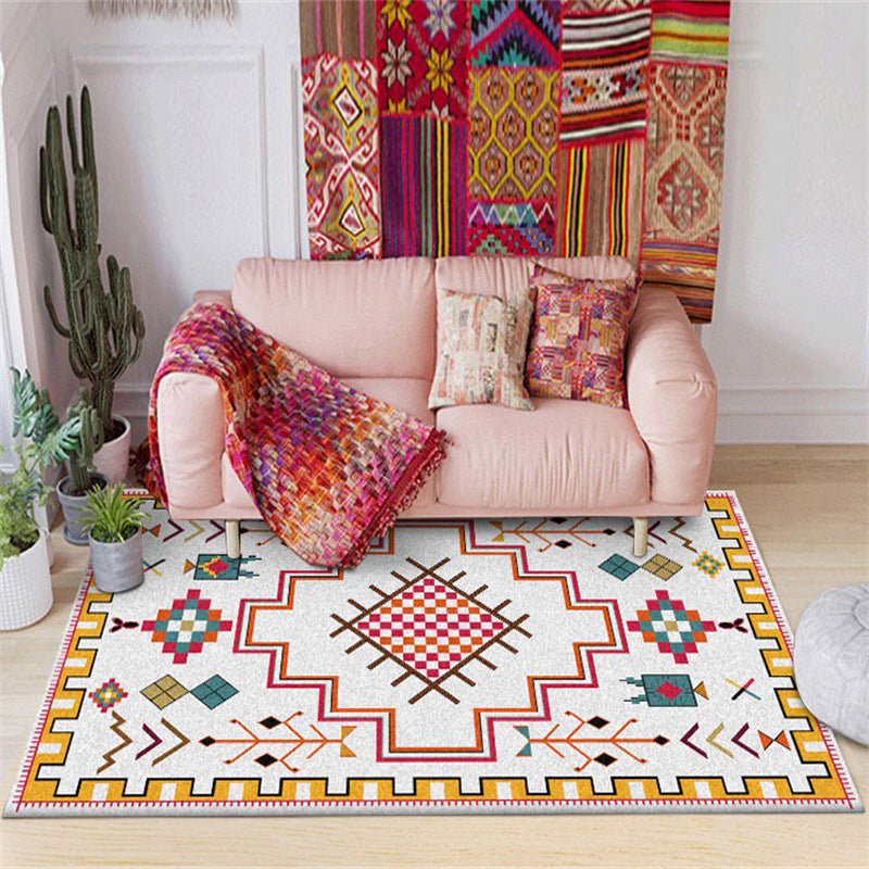 BowLift | Southwest Living Room Rug in Ivory Tribal Diamond Check Print Rug Polyester Non-Slip Back Rug