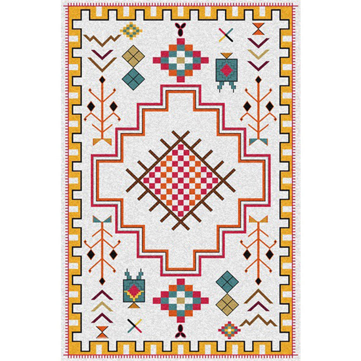 BowLift | Southwest Living Room Rug in Ivory Tribal Diamond Check Print Rug Polyester Non-Slip Back Rug