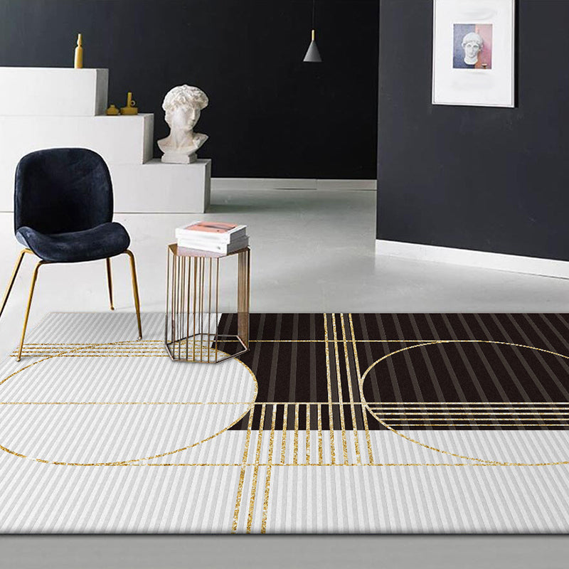 Scandinavian modern rug in black and white geometric stripe pattern rug polyester washable rug for home decor | Bowlift