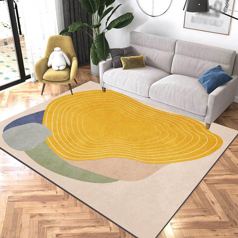 BowLift | Novelty Living Room Rug Ivory and Yellow Color Block Stripe Print Rug Polyester Anti-Slip Area Rug
