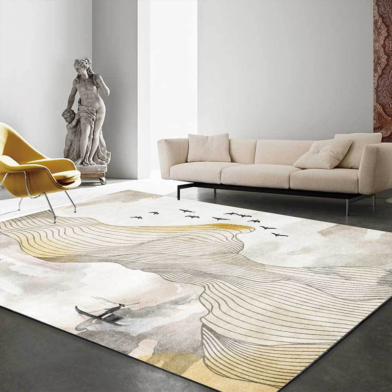 Yellow oriental carpet polyester swirl stripes bird character pattern washable non-slip backing carpet for living room | Bowlift