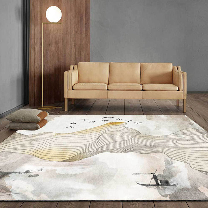 Yellow oriental carpet polyester swirl stripes bird character pattern washable non-slip backing carpet for living room | Bowlift