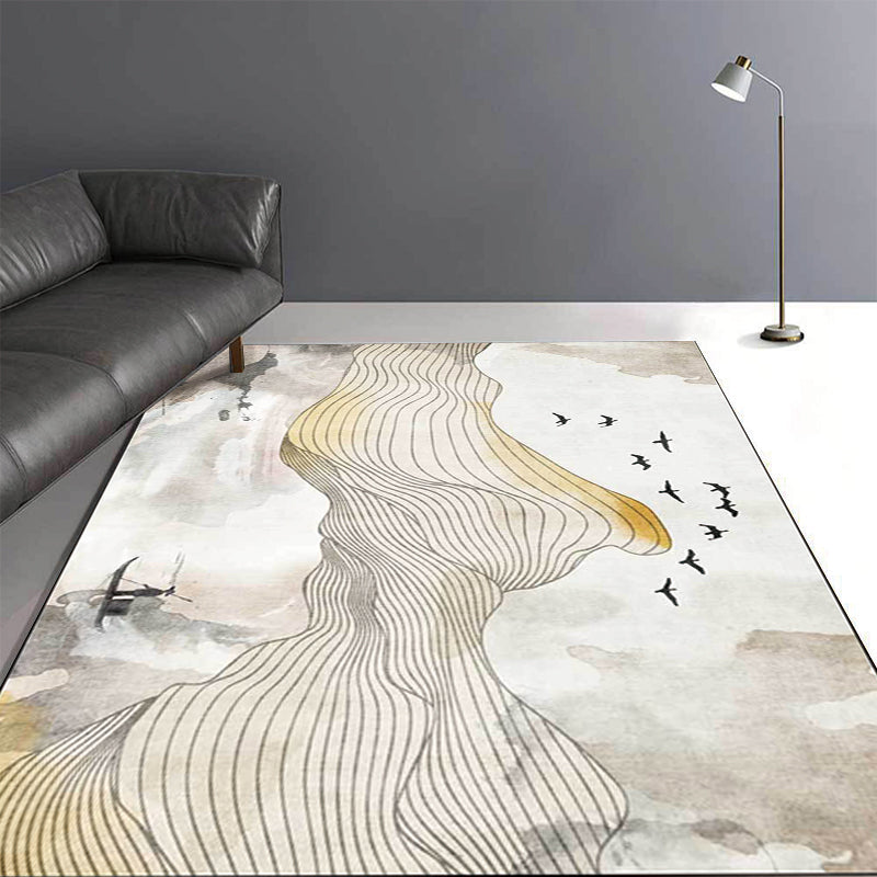 Yellow oriental carpet polyester swirl stripes bird character pattern washable non-slip backing carpet for living room | Bowlift