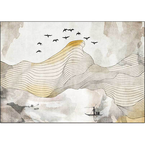 Yellow oriental carpet polyester swirl stripes bird character pattern washable non-slip backing carpet for living room | Bowlift