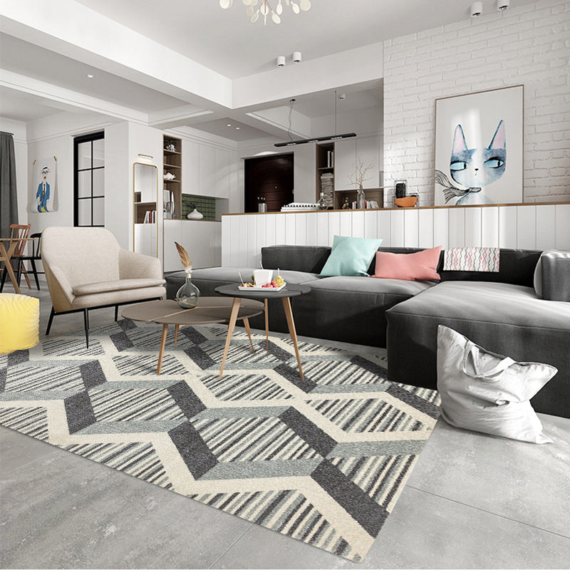 Contemporary modern carpet in gray geometric stripe wave pattern rug polyester non-slip rug for home decor | Bowlift