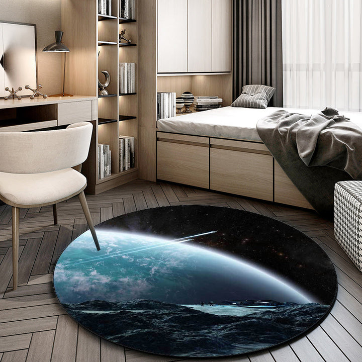 Minimalist modern rug in blue and black with a pattern of planets in space Rug polyester non-slip rug for home decor | Bowlift