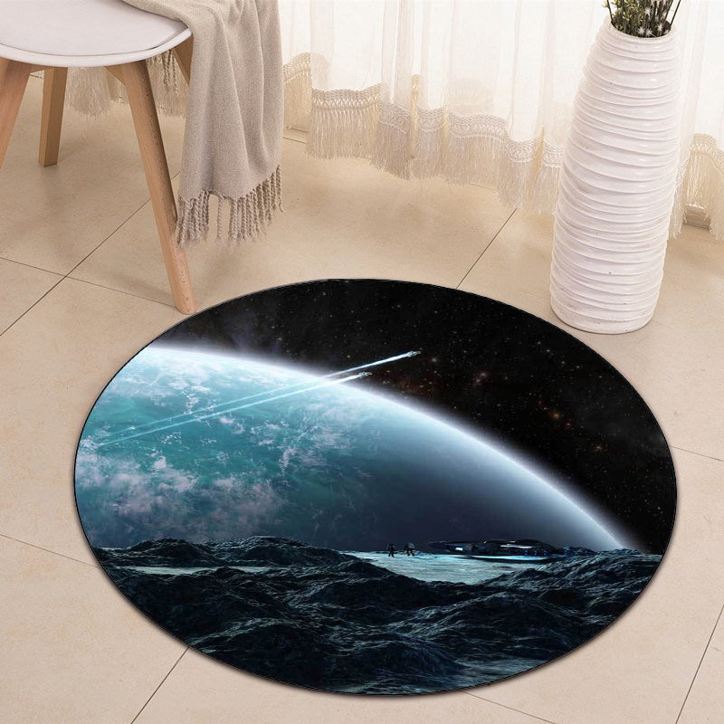 Minimalist modern rug in blue and black with a pattern of planets in space Rug polyester non-slip rug for home decor | Bowlift