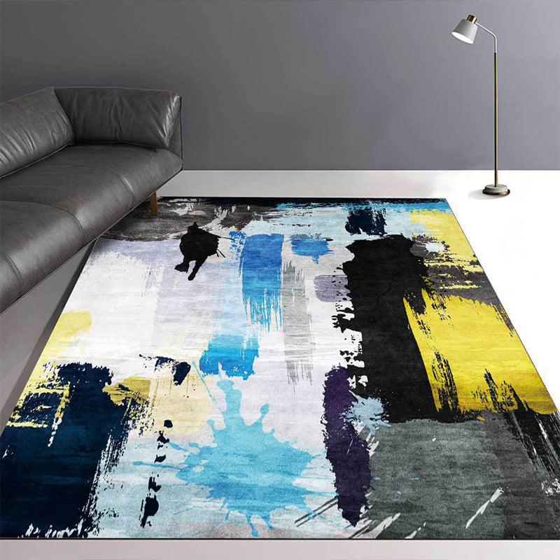 Contemporary brush stroke pattern rug black multicolored polyester rug machine washable non-slip rug for the bedroom | Bowlift