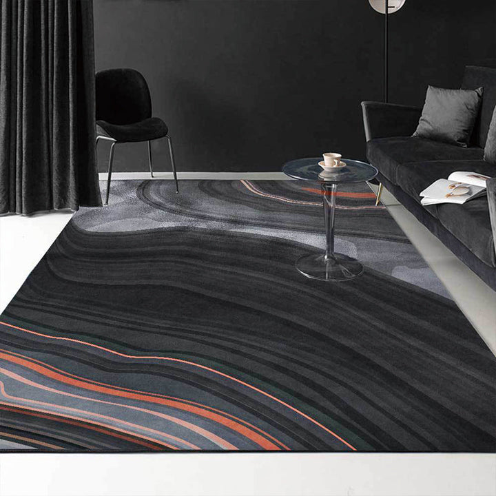 Black and gray modern carpet made of polyester with swirl stripe pattern washable non-slip backing carpet for the living room | Bowlift