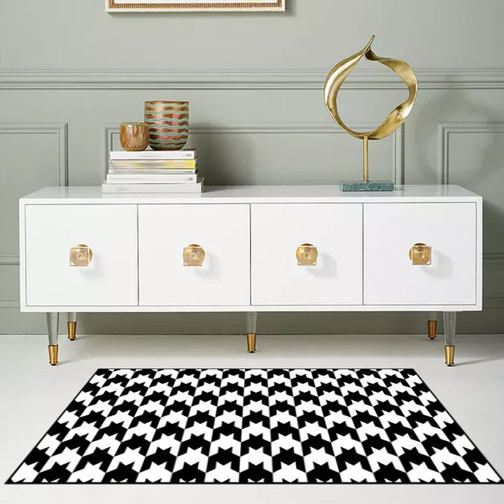 Black and White Bedroom Rug Modern Plaid Houndstooth Pattern Rug Polyester Non-Slip Back Rug | Bowlift