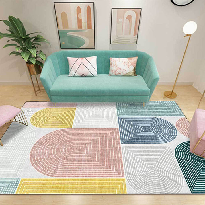 Modern living room rug in ivory color block stripes irregular shape printed rug polyester non-slip backing rug | Bowlift
