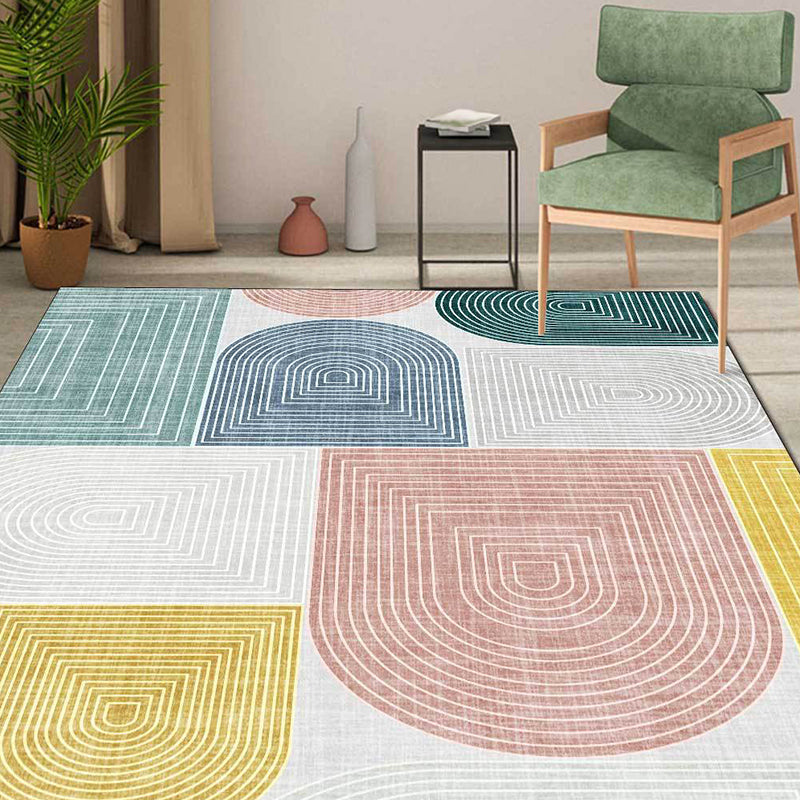 Modern living room rug in ivory color block stripes irregular shape printed rug polyester non-slip backing rug | Bowlift