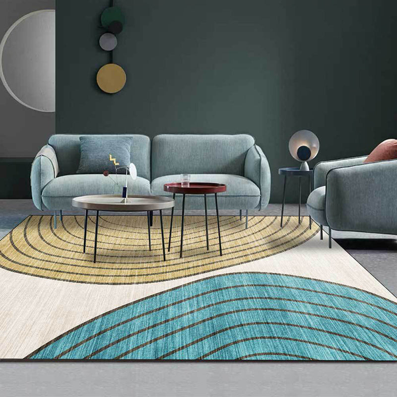 BowLift | Novelty Living Room Carpet in Ivory and Yellow Color Block Stripe Print Carpet Polyester Non-Slip Bedroom Rug