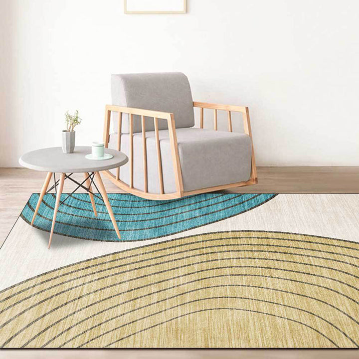 BowLift | Novelty Living Room Carpet in Ivory and Yellow Color Block Stripe Print Carpet Polyester Non-Slip Bedroom Rug