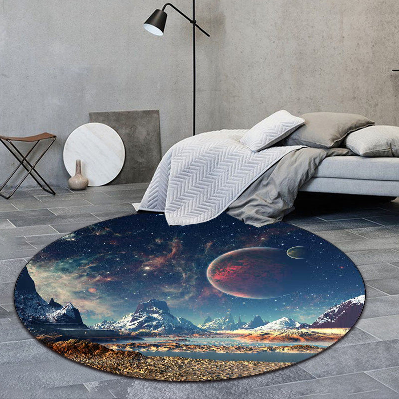 Blue Bedroom Rug Modern Space Galaxy Planet Pattern Rug Polyester Washable Non-Slip Rug | Bowlift