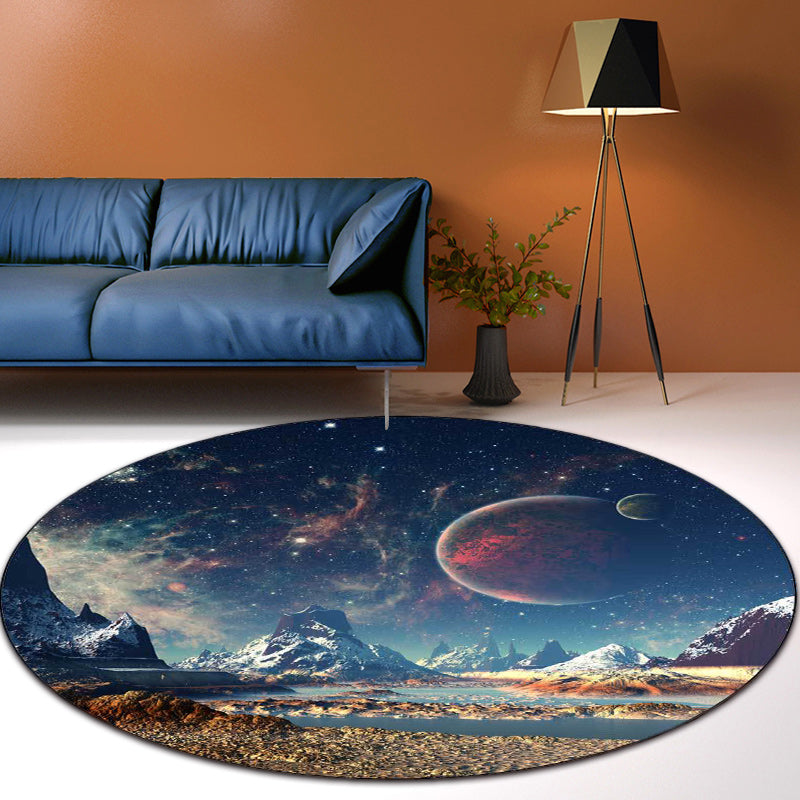 Blue Bedroom Rug Modern Space Galaxy Planet Pattern Rug Polyester Washable Non-Slip Rug | Bowlift